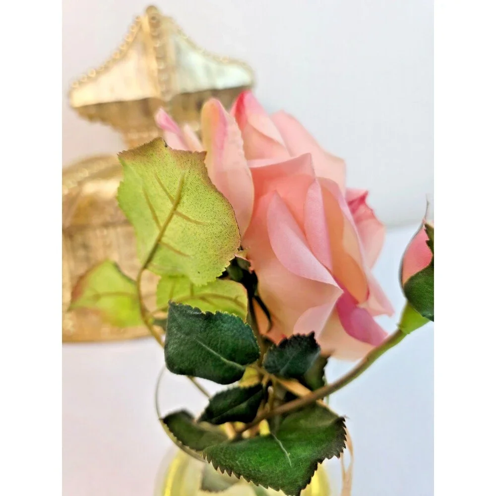 Vintage Faux Pink Cabbage Rose Silk Flower in Glass Vase with Bluebird Nest